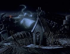 an animated image of a house in the woods at night with ghost lights coming from its roof