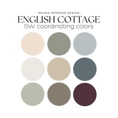 the english cottage color scheme is shown in shades of gray, beige and white with text that