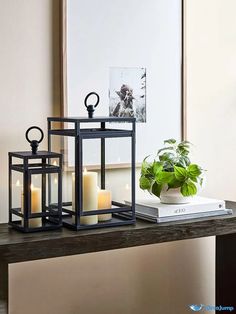 two candles are sitting on a table next to a potted plant and some books