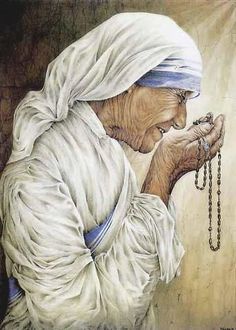 a painting of an old woman praying with rosarys on her hands and wearing a white headdress