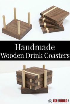 three wooden coasters with handles made from wood planks, and text that reads handmade wooden drink coasters