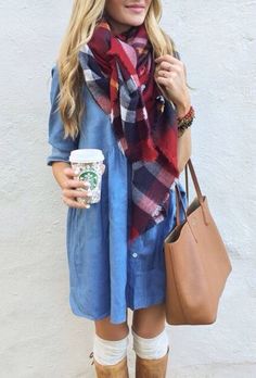 denim, plaid, & brown scarf Denim Dress Outfit Fall, Dress Outfit Fall, Denim Dress Outfit, Tie Scarves, Scarf Ideas, Fall Trends Outfits, Outfits Modest, How To Wear A Scarf, Stylish Scarves