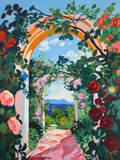 an oil painting of a garden with roses and archways leading into the distance, on a blue sky background