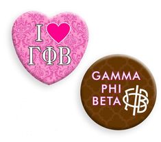 two buttons with the words i love pop and gama phi beta on them