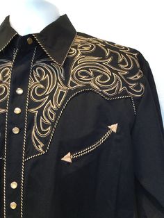 Black Embroidered Western Top, Fitted Western Shirt For Western-themed Events, Embroidered Fitted Shirt For Rodeo, Fitted Embroidered Shirt For Rodeo, Western Style Black Shirt For Ranch, Western Black Shirt For Ranch, Black Long Sleeve Tops For Western-themed Events, Western Embroidered Shirt For Rodeo, Black Western-style Shirt For Western-themed Events