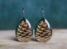 a pair of earrings with pine cones in the tears on top of them, sitting on a wooden surface