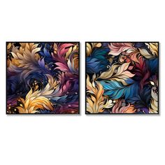 two paintings with different colored leaves on them