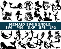 mermaid svg bundle for silhouettes and cut outs, includes the silhouettes of various mermaid