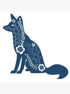 a blue fox with flowers and leaves on it's back legs sits in front of a white background