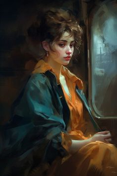 a painting of a woman sitting on a train looking out the window at something in the distance