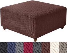 an upholstered footstool with multiple colors