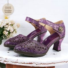 Category:Pumps; Upper Materials:Leather; Lining Materials:100% Leather; Season:Spring,Summer,Fall; Heel Type:Kitten Heel; Gender:Women's; Toe Shape:Round Toe; Style:Vintage,Elegant; Heel Height(inch):1-2; Outsole Materials:Rubber; Occasion:Party,Valentine's Day; Closure Type:Buckle; Pattern:Floral,Cut-out; Listing Date:03/11/2024; 2024 Trends:Mary Jane,Handmade Shoes,Vintage Shoes; Heel Height:Mid Heel Fall Heel, Shoes Party, Shoes Heel, Heels Online, Shoes Vintage, 2024 Trends, Vintage Elegant, Yellow Purple, Leather Buckle