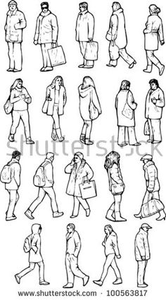 black and white drawing of people walking in winter clothes, from the side view to the back