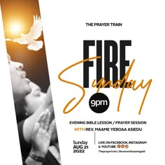 a flyer for the fire sunday event with an image of a dove flying above it