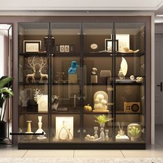 a display case filled with lots of different types of items in it's glass doors