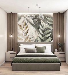 a bedroom with a large painting on the wall above the headboard and foot board