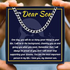 Imagine the look on your son's face when he opens up this thoughtful gift! Mother Son Necklace A beautiful gift for your Son! Give them with a reminder note of how much we love them! it reminder your children to be stronger and more courageous. Material: Stainless steel Item Type: Necklace Length: 50cm and 60cm Width: 5mm Our necklace gift set is a sentimental way to surprise your man whom you love your whole heart. This unique necklace makes meaningful gifts for a son from a mom or dad. The per Memorial Necklace Son, Father's Day Black Sterling Silver Necklace, Father's Day Gift Silver Chain Necklace, Memorial Necklace Boy, Metal Pendant Necklaces For Father's Day, Mother Son Necklace, Forever Necklace, Whole Heart, Proud Of You