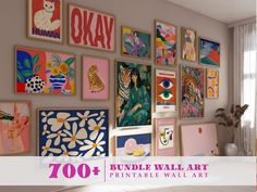 the wall is full of colorful art and pictures with words above it that read, 70 + printable wall art