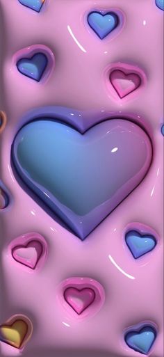 a blue heart surrounded by lots of hearts on a pink background with pastel colors