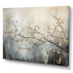 an abstract painting with white and gold flowers on the branches, in front of a gray background