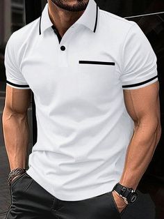 Men's Color-Block Solid Simple Polo Shirt For Daily Wear White Casual  Short Sleeve Fabric Colorblock,Plain,Striped  Slight Stretch Spring/Summer Men Clothing, size features are:Bust: ,Length: ,Sleeve Length: White Shirt Men, White Hot, Brown Fashion, White Casual, Men Clothing, Mens Polo Shirts, Polo Shirts, Primavera Estate, Mens Summer