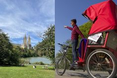 a man riding on the back of a bike next to a woman in a red shirt