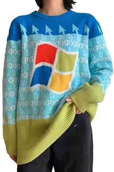 Windows Logo Microsoft Ugly Sweater Unisex Geek Style Nerd Inspired Outfits, Green Y2k Style Winter Sweater, Autismcore Aesthetic Outfits, Webcore Clothes, Cute Sweaters Aesthetic, Weird Clothes Aesthetic, Chaotic Outfit, Webcore Outfits, Kidcore Sweater