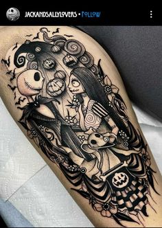 a black and white tattoo on the leg of a woman with an owl, cat and dog