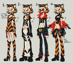 three cartoon cats with different outfits and hair