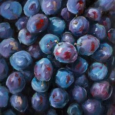 an oil painting of plums in purple and pink colors on a black background,