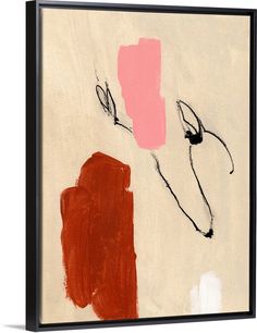 an abstract painting with red, pink and black colors on a white background framed canvas