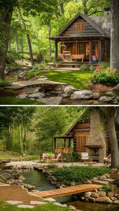 two pictures of a log cabin in the woods, one with a porch and another with a deck