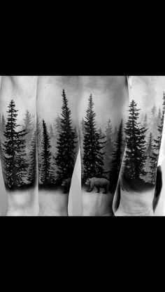 black and white forest scene with bear tattoo on the calfs, done by person