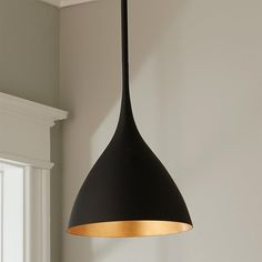 a black and gold pendant light hanging from a ceiling in a room with white walls