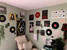 a room with various records on the wall