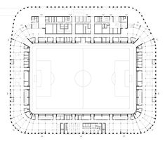 an aerial view of the ground plan for a soccer field with seating areas and tables