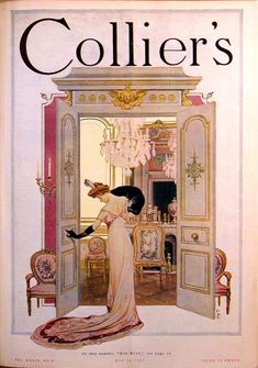 an old fashion magazine cover with a woman in a white dress looking into a mirror