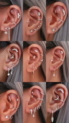 many different types of ear piercings are shown in this image, including an arrow and stars