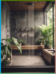 a bathroom with plants and a shower head