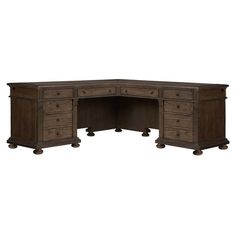 an executive desk with four drawers and casteors on the top, in dark wood