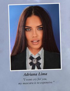 an advertisement for the adria linga show featuring a woman with long hair wearing a black jacket and bow tie