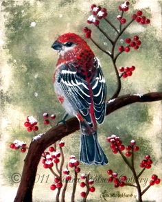 a painting of a bird on a branch with berries