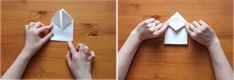 two pictures showing how to make an origami house and hand holding the paper