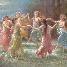 a painting of many women dancing in the grass