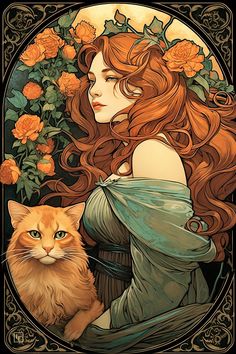 a woman with long red hair holding a cat in front of her face and surrounded by roses