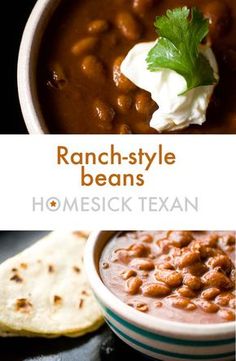 the recipe for ranch style beans in a bowl with tortilla chips and sour cream