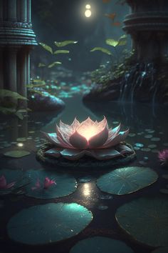 a pink flower sitting on top of a lily pad in the middle of a pond