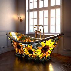 a bathtub with sunflowers painted on it in front of a large window