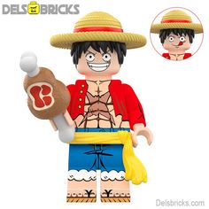 a lego figure holding a banana and wearing a straw hat