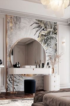 a bathroom vanity with a mirror, stool and plant on the counter top in front of it